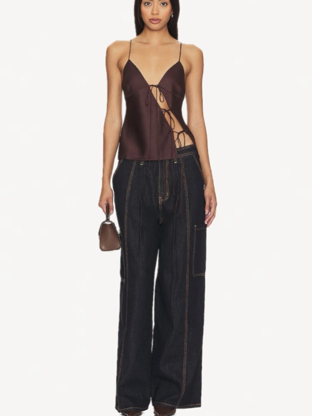 LIONESS Mariah Satin-Feel Asymmetric Cut-Out Tie-Front Cami Top (Garnet Brown) - Picture 6 of 16